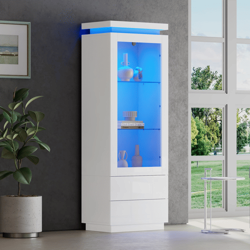 Vitrine alta 60x40x171 cm - alto brilho com LED, 2 gavetas, portas de vidro e rebatíveis, móvel para sala - branco