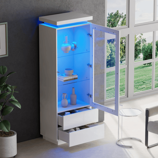 Vitrine alta 60x40x171 cm - alto brilho com LED, 2 gavetas, portas de vidro e rebatíveis, móvel para sala - branco