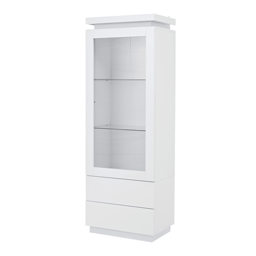 Vitrine alta 60x40x171 cm - alto brilho com LED, 2 gavetas, portas de vidro e rebatíveis, móvel para sala - branco