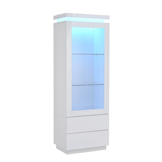 Vitrine alta 60x40x171 cm - alto brilho com LED, 2 gavetas, portas de vidro e rebatíveis, móvel para sala - branco