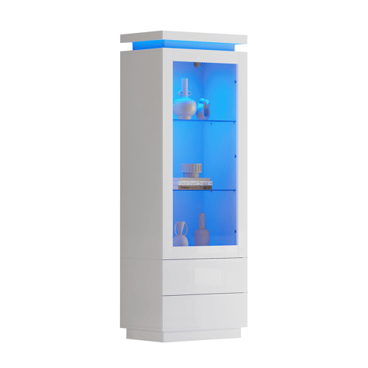 Vitrine alta 60x40x171 cm - alto brilho com LED, 2 gavetas, portas de vidro e rebatíveis, móvel para sala - branco