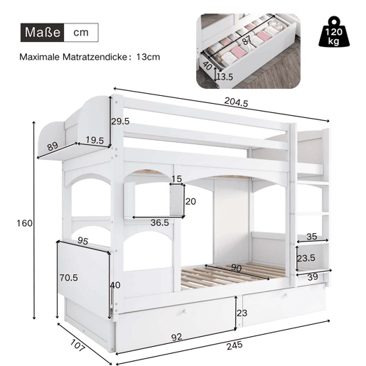 Beliche infantil 90x200 - multifuncional, com secretária dobrável, prateleira, escada e 2 gavetas - branco