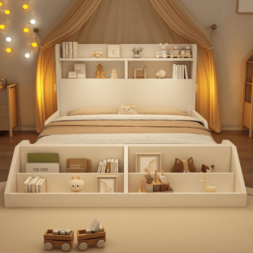 Cama de madeira dupla 140x200 cm - juvenil com prateleiras, luz noturna e estante removĂvel - branca Cama de madeira dupla 140x200 cm - juvenil com prateleiras, luz noturna e estante removĂvel - branca