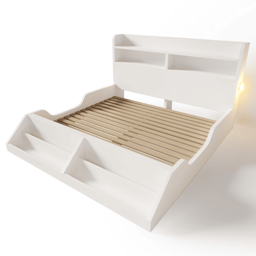 Cama de madeira dupla 140x200 cm - juvenil com prateleiras, luz noturna e estante removĂvel - branca Cama de madeira dupla 140x200 cm - juvenil com prateleiras, luz noturna e estante removĂvel - branca
