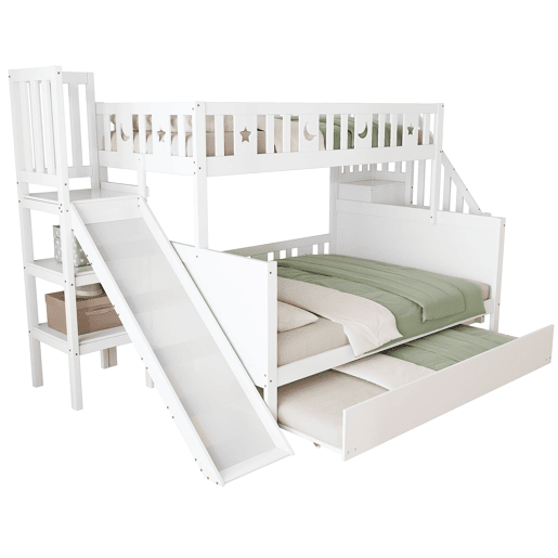 Cama infantil 90x200140x200 - Beliche em madeira maciça com escorregador, prateleira, cama com rodízios e estrado - Branco