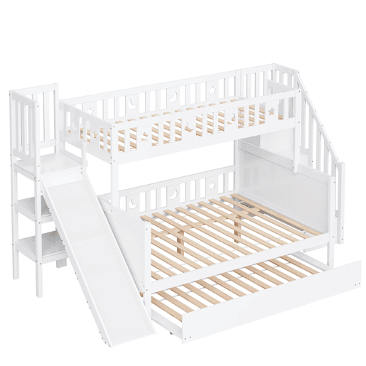 Cama infantil 90x200140x200 - Beliche em madeira maciça com escorregador, prateleira, cama com rodízios e estrado - Branco