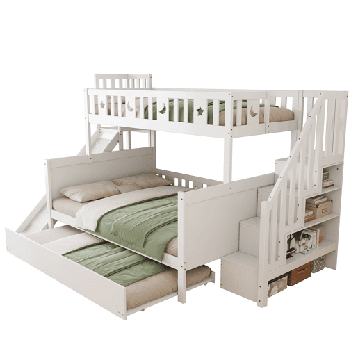 Cama infantil 90x200140x200 - Beliche em madeira maciça com escorregador, prateleira, cama com rodízios e estrado - Branco