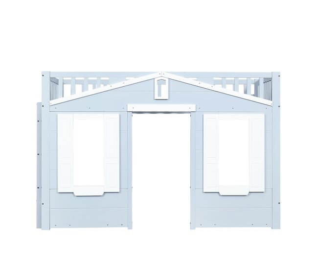 Cama alta infantil 90x200 cm - espacio libre bajo la cama, diseño tipo ventana, escalera segura y estable - azul