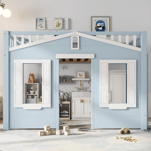 Cama alta infantil 90x200 cm - espaço livre debaixo da cama, design tipo janela, escada segura e estável - azul Cama alta infantil 90x200 cm - espaço livre debaixo da cama, design tipo janela, escada segura e estável - azul