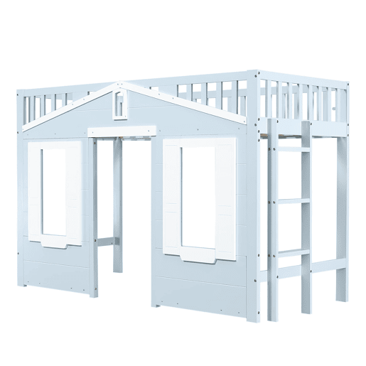 Cama alta infantil 90x200 cm - espaço livre debaixo da cama, design tipo janela, escada segura e estável - azul Cama alta infantil 90x200 cm - espaço livre debaixo da cama, design tipo janela, escada segura e estável - azul
