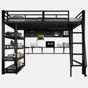 Cama alta em ferro 140x200 cm - com prateleiras, amplo espaço de arrumação, plataforma de carga, escada inclinada de quatro degraus e ganchos - preta