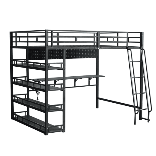 Cama alta em ferro 140x200 cm - com prateleiras, amplo espaço de arrumação, plataforma de carga, escada inclinada de quatro degraus e ganchos - preta