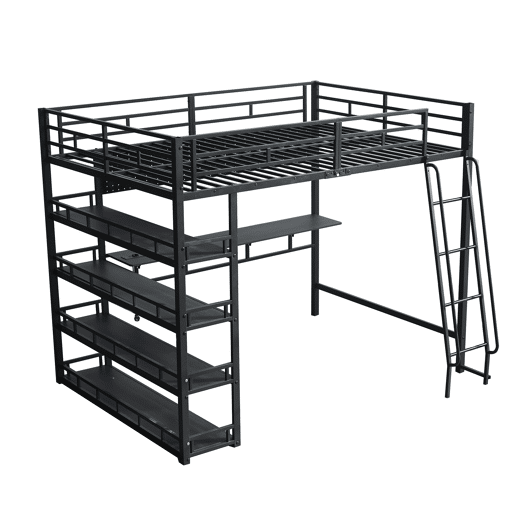 Cama alta em ferro 140x200 cm - com prateleiras, amplo espaço de arrumação, plataforma de carga, escada inclinada de quatro degraus e ganchos - preta