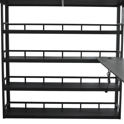 Cama alta em ferro 140x200 cm - com prateleiras, amplo espaço de arrumação, plataforma de carga, escada inclinada de quatro degraus e ganchos - preta