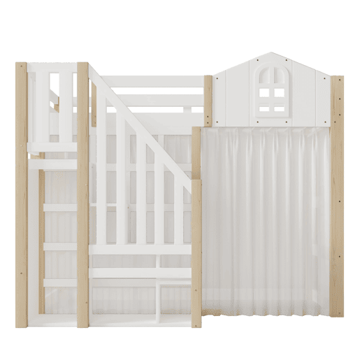 Cama alta 90x200 cm - LED, design com janela, escada com prateleiras e compartimento aberto, sem colchão - branco e natural