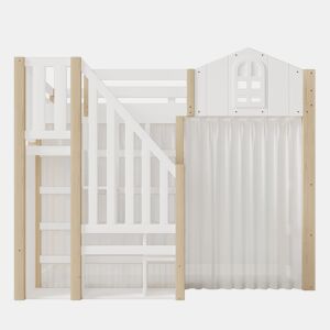 Cama alta 90x200 cm - LED, design com janela, escada com prateleiras e compartimento aberto, sem colchão - branco e natural