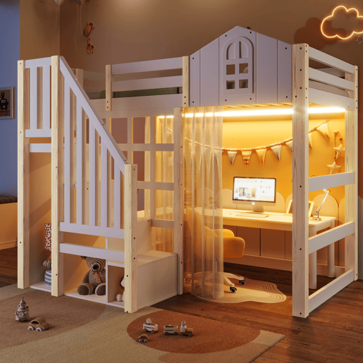 Cama alta 90x200 cm - LED, design com janela, escada com prateleiras e compartimento aberto, sem colchão - branco e natural