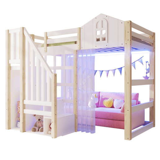 Cama alta 90x200 cm - LED, design com janela, escada com prateleiras e compartimento aberto, sem colchão - branco e natural