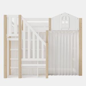 Cama alta 140x200 cm - LED, design com janela, escada com prateleiras e compartimento aberto, sem colchão - branco e natural