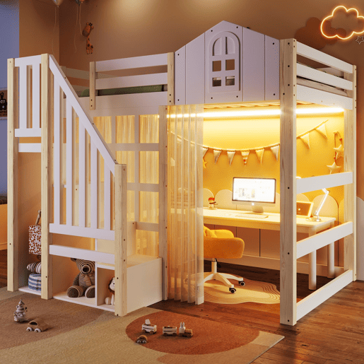 Cama alta 140x200 cm - LED, design com janela, escada com prateleiras e compartimento aberto, sem colchão - branco e natural