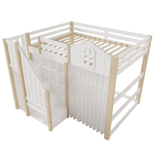 Cama alta 140x200 cm - LED, design com janela, escada com prateleiras e compartimento aberto, sem colchão - branco e natural