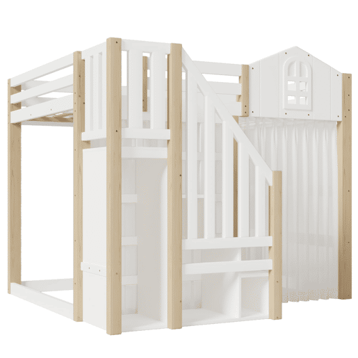 Cama alta 140x200 cm - LED, design com janela, escada com prateleiras e compartimento aberto, sem colchão - branco e natural