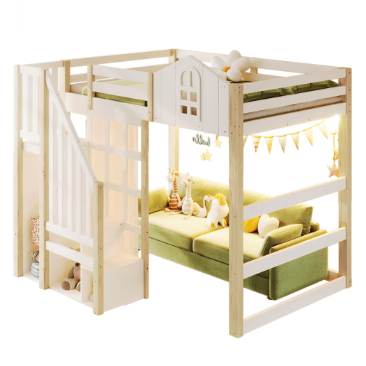 Cama alta 140x200 cm - LED, design com janela, escada com prateleiras e compartimento aberto, sem colchão - branco e natural