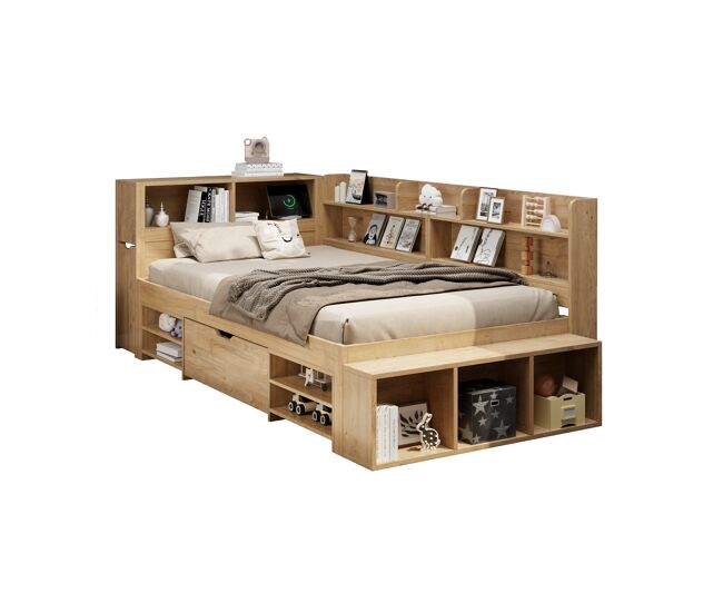 Cama infantil 90x200 cm - cama de almacenamiento, multifuncional, con carga inalámbrica - natural