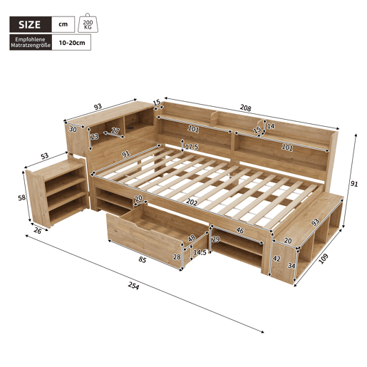 Cama infantil 90x200 cm - Cama com arrumação, multifuncional, com carregamento sem fios - Natural