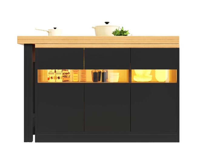 Mesa de bar extensible 120-180 cm - con led, 360° rotación, con almacenamiento - negro, natural