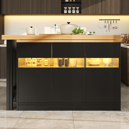 Mesa de bar extensível 120-180 cm - Com LED, rotação de 360°, com arrumação - Preto, Natural