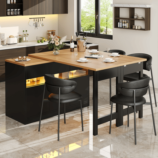 Mesa de bar extensível 120-180 cm - Com LED, rotação de 360°, com arrumação - Preto, Natural