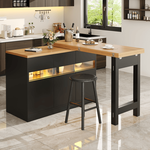 Mesa de bar extensível 120-180 cm - Com LED, rotação de 360°, com arrumação - Preto, Natural