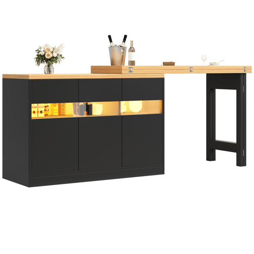 Mesa de bar extensível 120-180 cm - Com LED, rotação de 360°, com arrumação - Preto, Natural