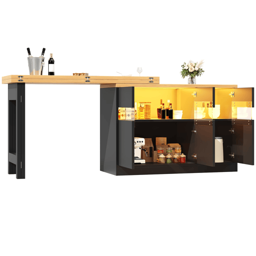 Mesa de bar extensível 120-180 cm - Com LED, rotação de 360°, com arrumação - Preto, Natural
