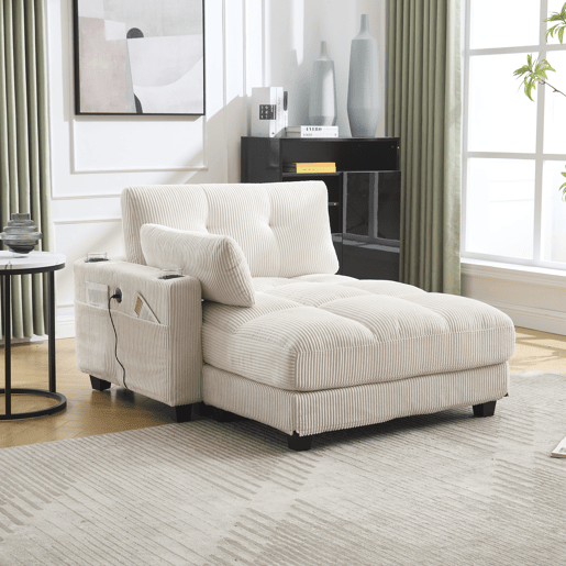 Poltrona de palma de 1 lugar - Com apoios de braços enroláveis, encosto ajustável, 3 copos e bolso lateral - Bege