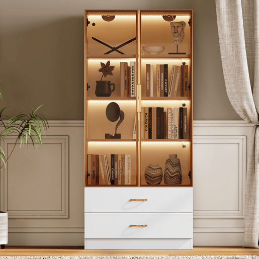 Armário de casa de banho 75 cm - com iluminação, 2 gavetas grandes, 2 portas, porta de vidro - branco