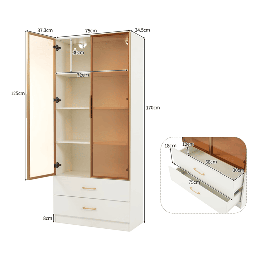 Armário de casa de banho 75 cm - com iluminação, 2 gavetas grandes, 2 portas, porta de vidro - branco