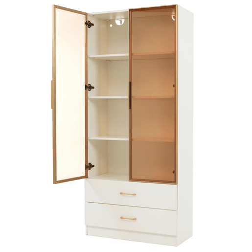 Armário de casa de banho 75 cm - com iluminação, 2 gavetas grandes, 2 portas, porta de vidro - branco