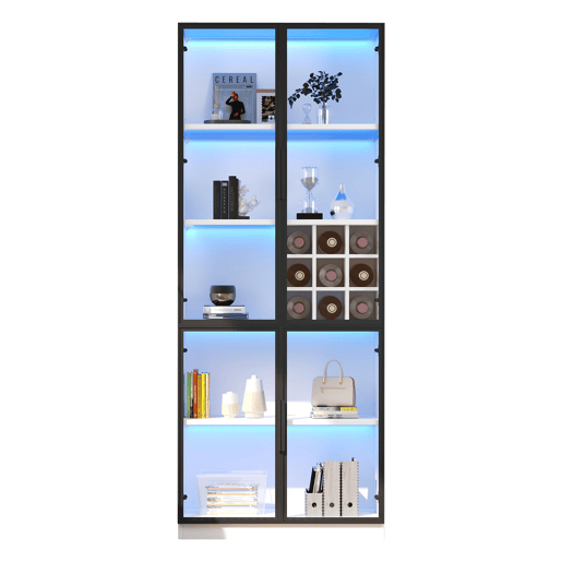 Vitrine 80x35x200 cm - Portas de vidro, LED, prateleiras e porta-garrafas - Branco