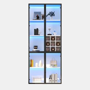 Vitrine 80x35x200 cm - Portas de vidro, LED, prateleiras e porta-garrafas - Branco