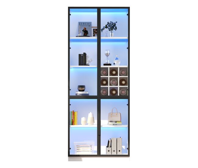 Vitrina 80x35x200 cm - puertas de vidrio, led, estantes y portabotellas - blanco