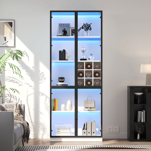 Vitrine 80x35x200 cm - Portas de vidro, LED, prateleiras e porta-garrafas - Branco