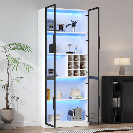 Vitrine 80x35x200 cm - Portas de vidro, LED, prateleiras e porta-garrafas - Branco