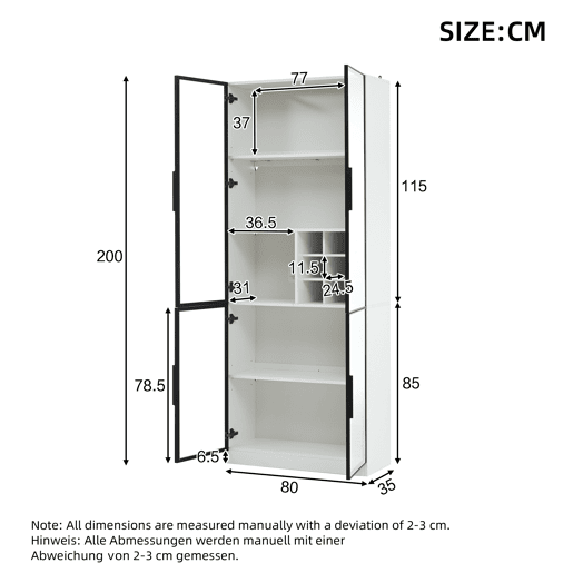 Vitrine 80x35x200 cm - Portas de vidro, LED, prateleiras e porta-garrafas - Branco