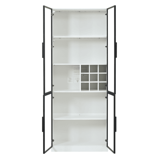 Vitrine 80x35x200 cm - Portas de vidro, LED, prateleiras e porta-garrafas - Branco