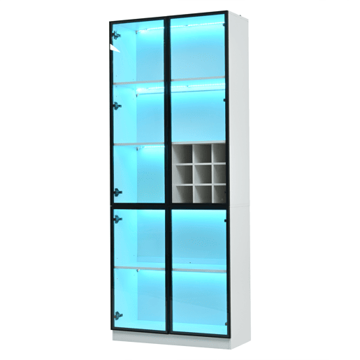 Vitrine 80x35x200 cm - Portas de vidro, LED, prateleiras e porta-garrafas - Branco