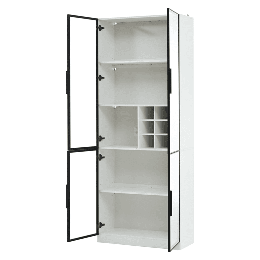 Vitrine 80x35x200 cm - Portas de vidro, LED, prateleiras e porta-garrafas - Branco