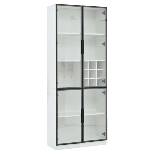 Vitrine 80x35x200 cm - Portas de vidro, LED, prateleiras e porta-garrafas - Branco