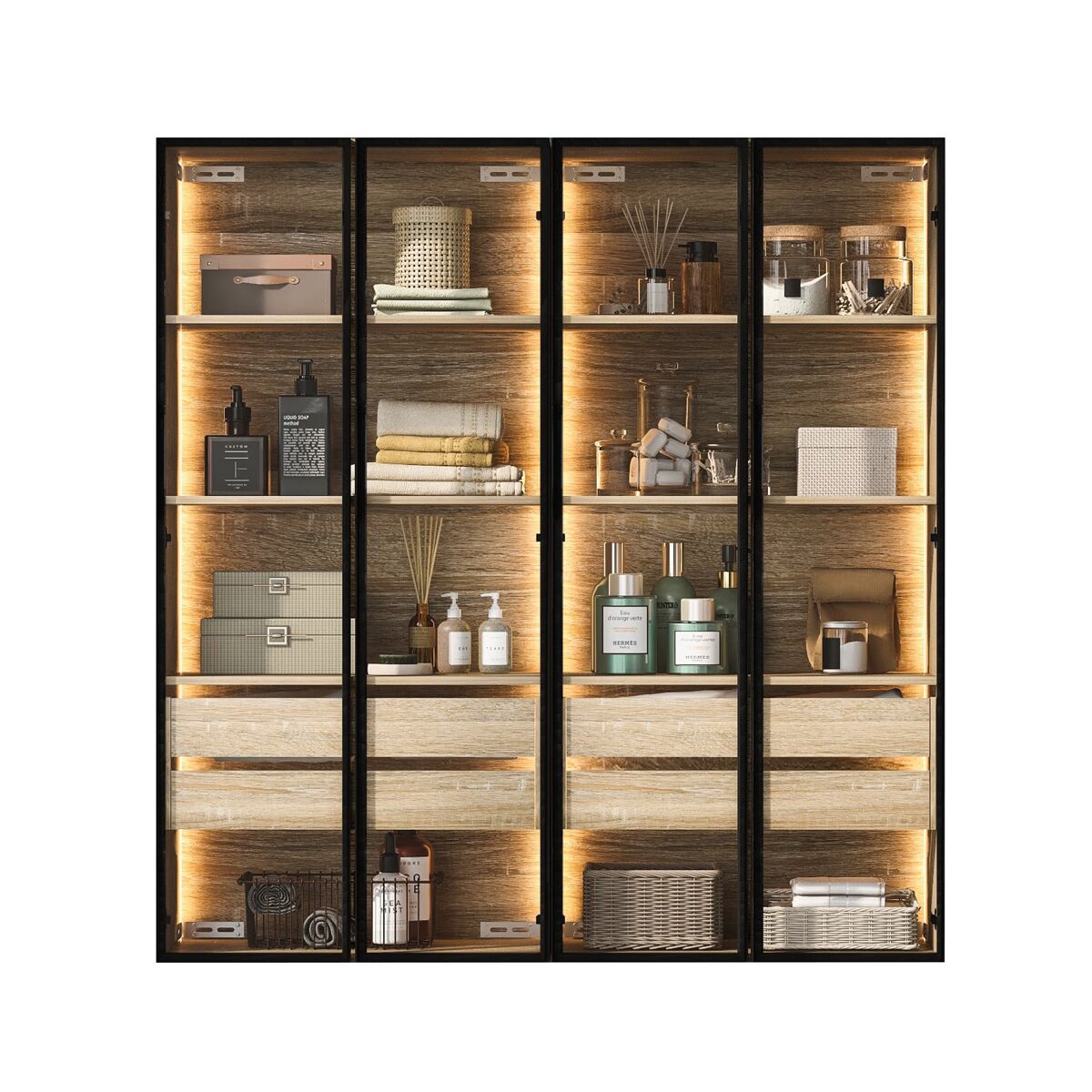Juego de 2 armarios de baño 73 cm - con luz, 2 cajones grandes, 2 puertas, puerta de cristal - natural